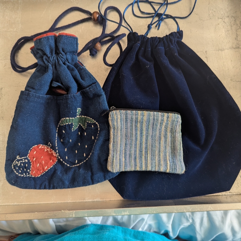 Eucalyptus Zip Bag 3 Royal Blue Velvet Drawstring Strawberry Design Hand Crafted
